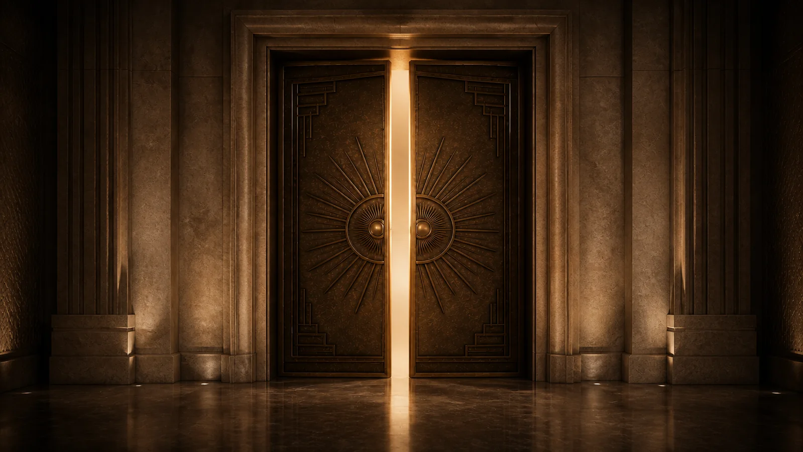 Ornate bronze double doors glowing from within