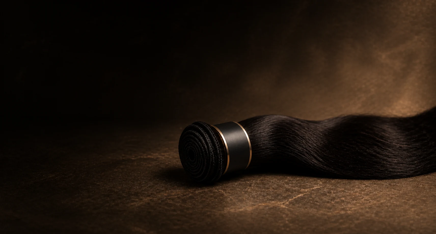 Luxe seamless black hair weft on bronze stone